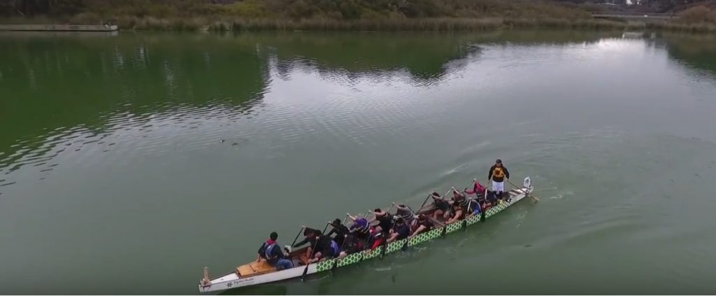 Members of SF States dragon boat team paddle across the lake. 