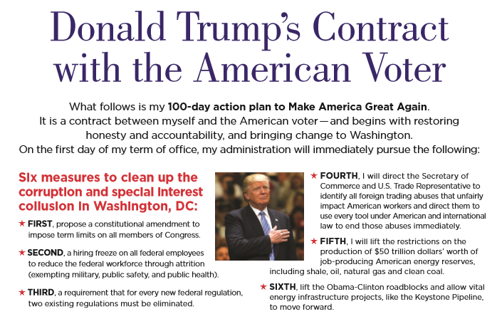 A screenshot of Donald Trumps 100-day action plan, Donald Trumps Contract with the American Voter, from donaldjtrump.com.