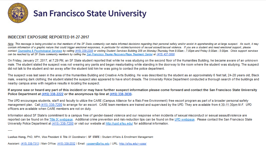 Clery Safety Alert issued by SF State Vice President of Student Affairs Luoluo Hong on January 28.