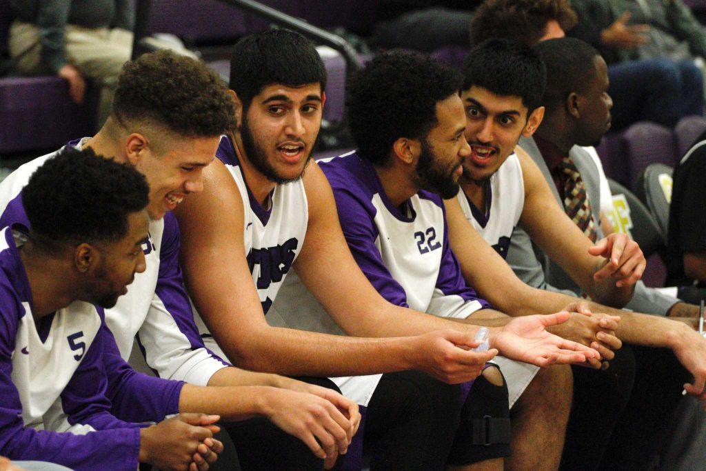 The SF State Gators talk amongst each other on the bench during their match up against the Sonoma State Seawolves at SF State on Saturday, January 21, 2017 (Mason Rockfellow/ Xpress).