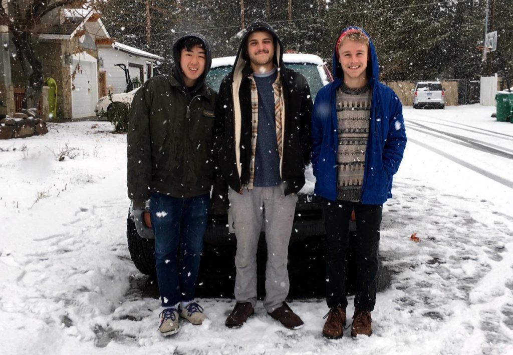 (L-R) Chris Lee, Max Volen, and Jack Connor post for a photo in Reno, Nevada for their tour in January, 2017. (Courtesy of Sierra Norton Jickling)