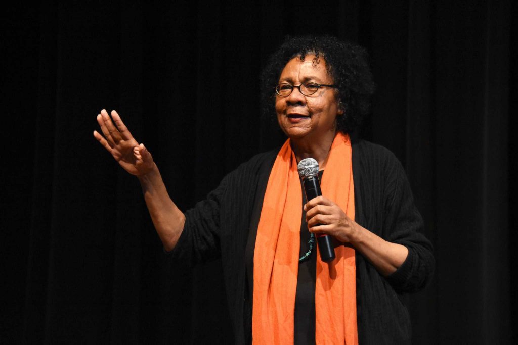 Author and social activist Bell Hooks gives a talk at Jack Adams Hall at SF State on February 20, 2017 (Tate Drucker/Xpress). 