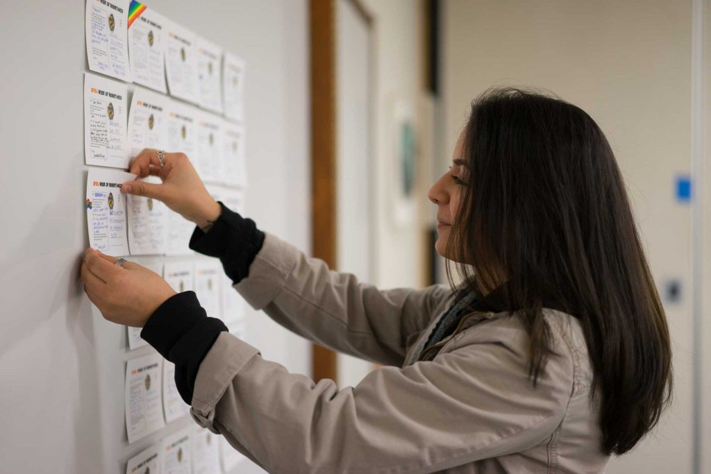 Gabriela Ceeros, a junior majoring in Latina studies, adds her letter to the wall for the Week of Resistance where students can find contact information for their district representatives and state senators to send letters addressing their concerns about the immigration ban by Donald Trump, in the Cesar Chavez Building at San Francisco State University on Monday, February 6, 2017. (Sarahbeth Maney/Xpress).