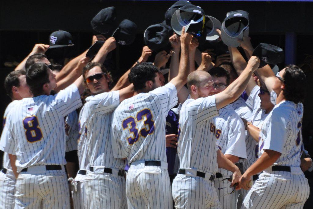 SF State Gators celebrate a 3-run RBI in the dugout against CSU Dominguez Hills on April 29 (Renee Smith/ Xpress)