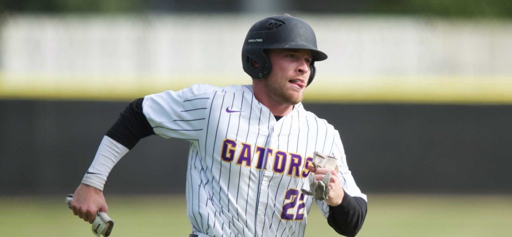 SF State Gator Myles Franklin runs to home base during the home game versus the Menlo Oaks on April 4, 2017. (Tate Drucker/Xpress)