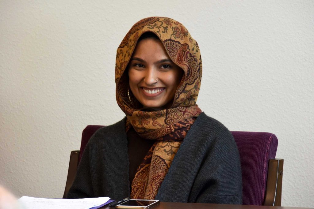 SF State student Maham Khan speaks at a student panel at SF State, regarding the political climate and support needed for Muslim students on April 6, 2017. (Tate Drucker/Xpress)
