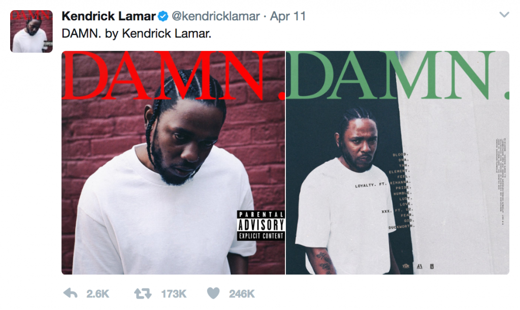 Screenshot of Kendrick Lamars tweet revealing the album cover of DAMN.