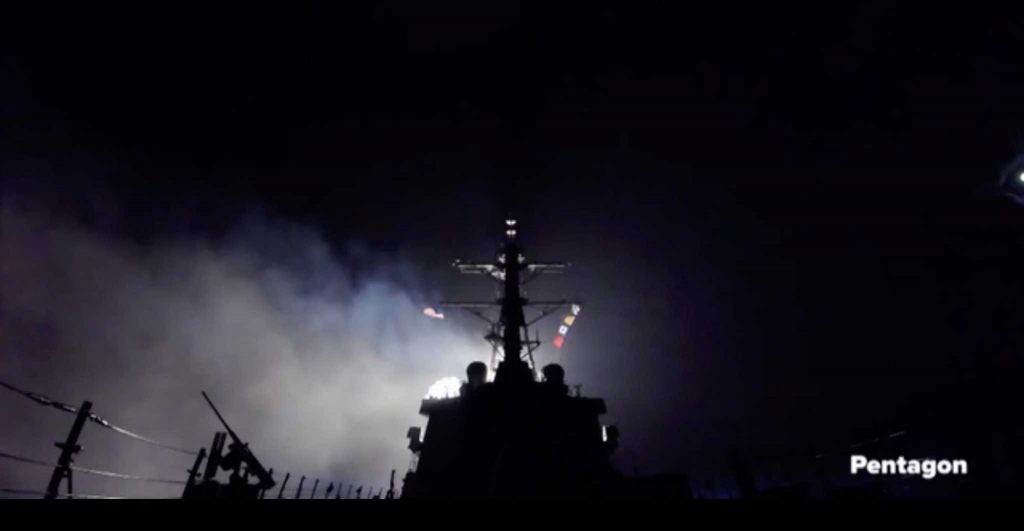 U.S. Navy destroyer launches a cruise missile strike against Syria on April 7, 2017. Courtesy U.S. Navy/ Pentagon.