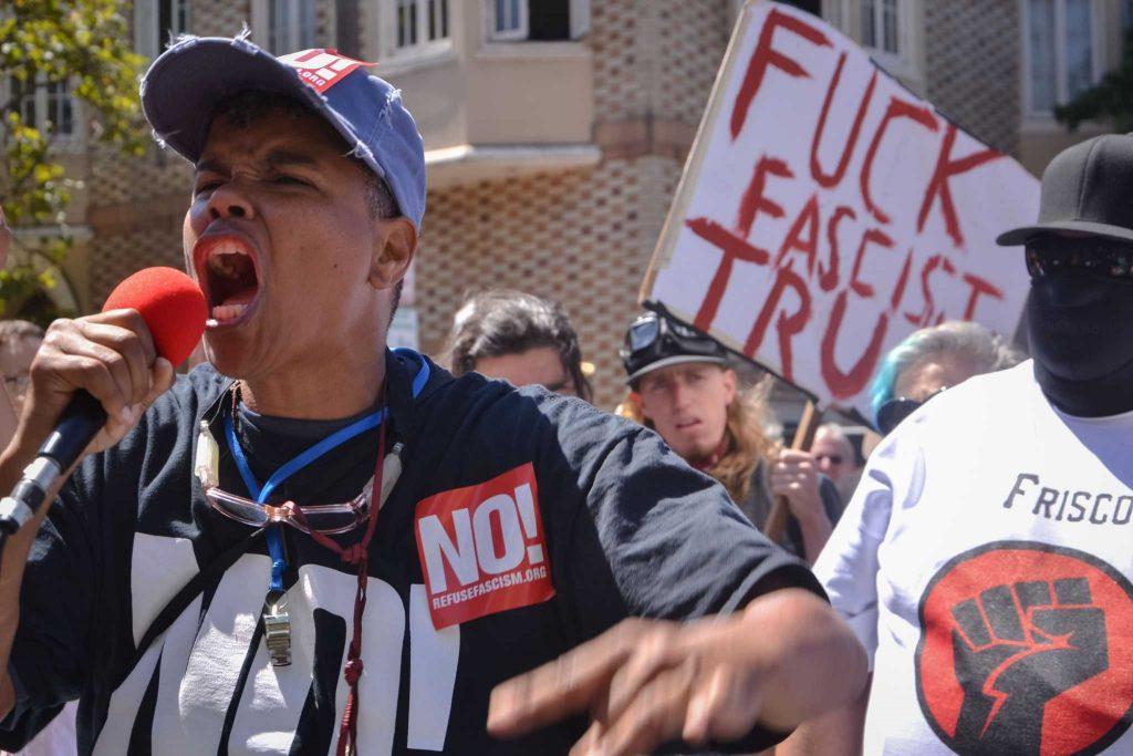 A person speaks during a counter-protest following the cancellation of a right-wing rally called Patriot Prayer, in San Francisco, Calif. on Saturday, August 26, 2017. (Cristabell Fierros/Golden Gate Xpress)