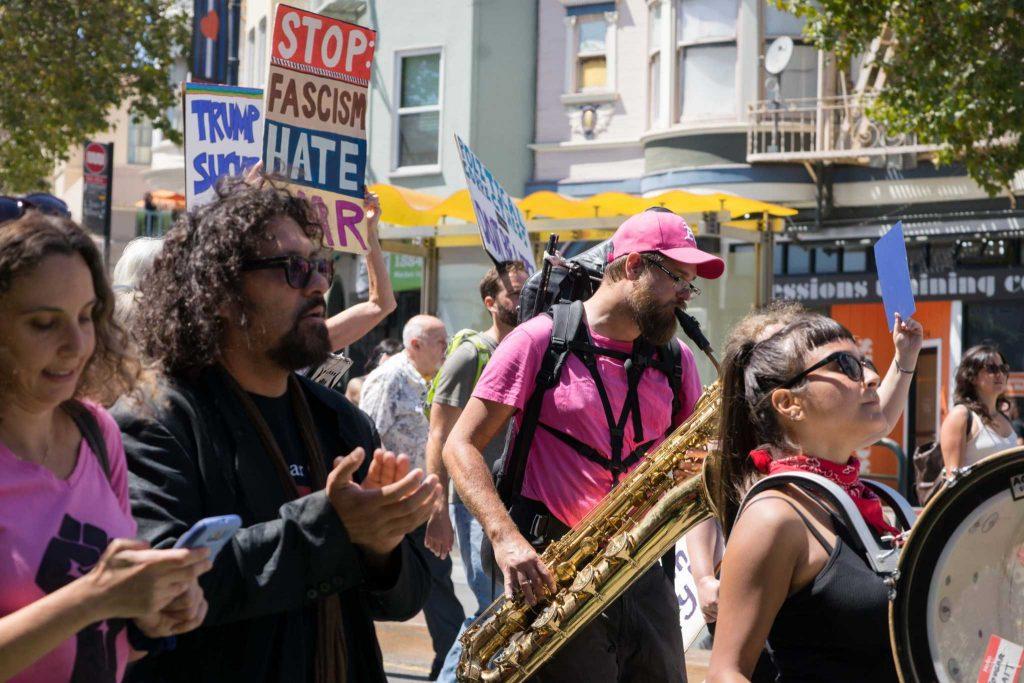 People play instruments during a counter-protest following the cancellation of a right-wing rally called Patriot Prayer, in San Francisco on Saturday, August 26, 2017. (Sarahbeth Maney/Golden Gate Xpress)
