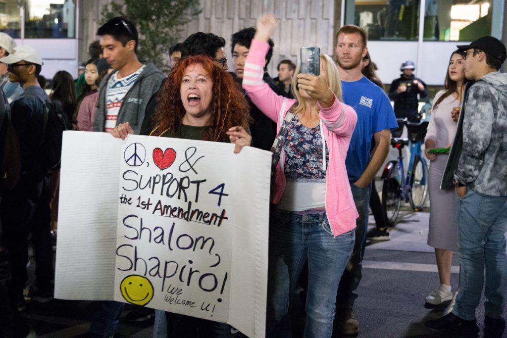 Demonstrators gather during a protest near UC Berkeley on Thursday, September 14, 2017. (Travis Wesley/Golden Gate Xpress)