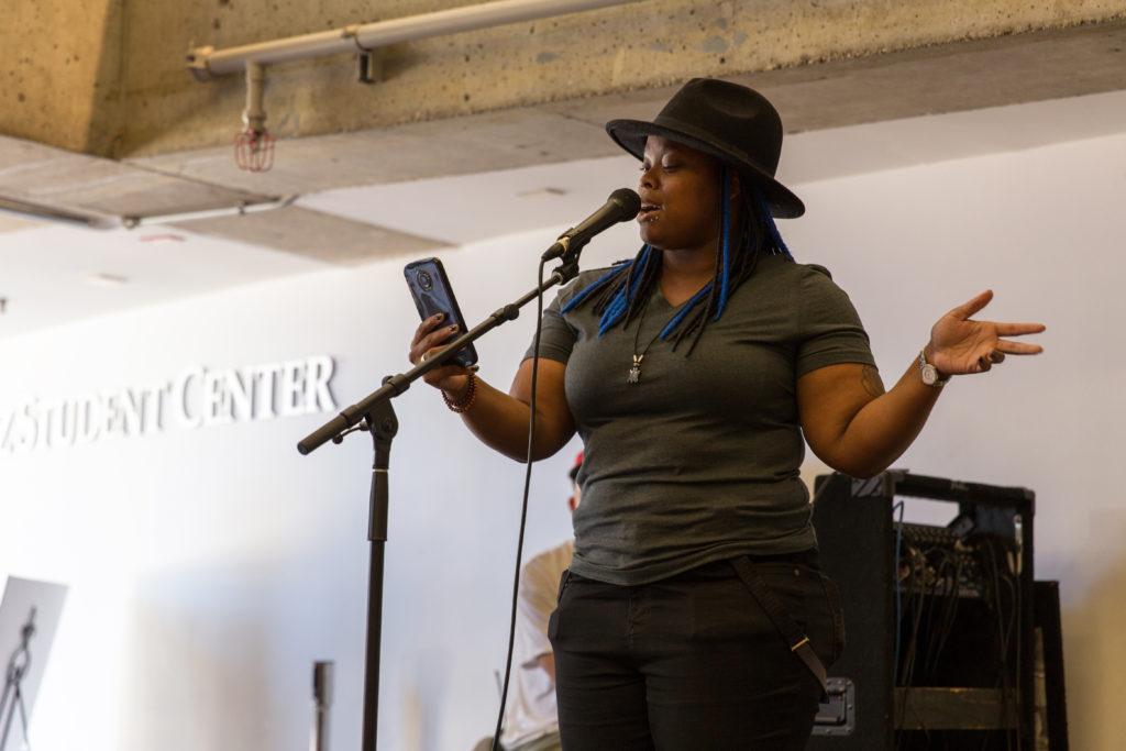 Destiny Evans reads an original piece of literature during the Celebrate Banned Books Week event in the Cesar Chavez Student Center at SF State, Thursday, Sept. 28, 2017. (Travis Wesley/Golden Gate Xpress)