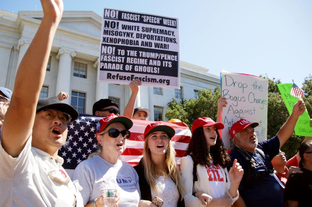 Trump supporters stand in front of anti-fascism protesters during a free speech rally at UC Berkeley, Wednesday, Sept. 27, 2017. (Aya Yoshida/Golden Gate Xpress)
