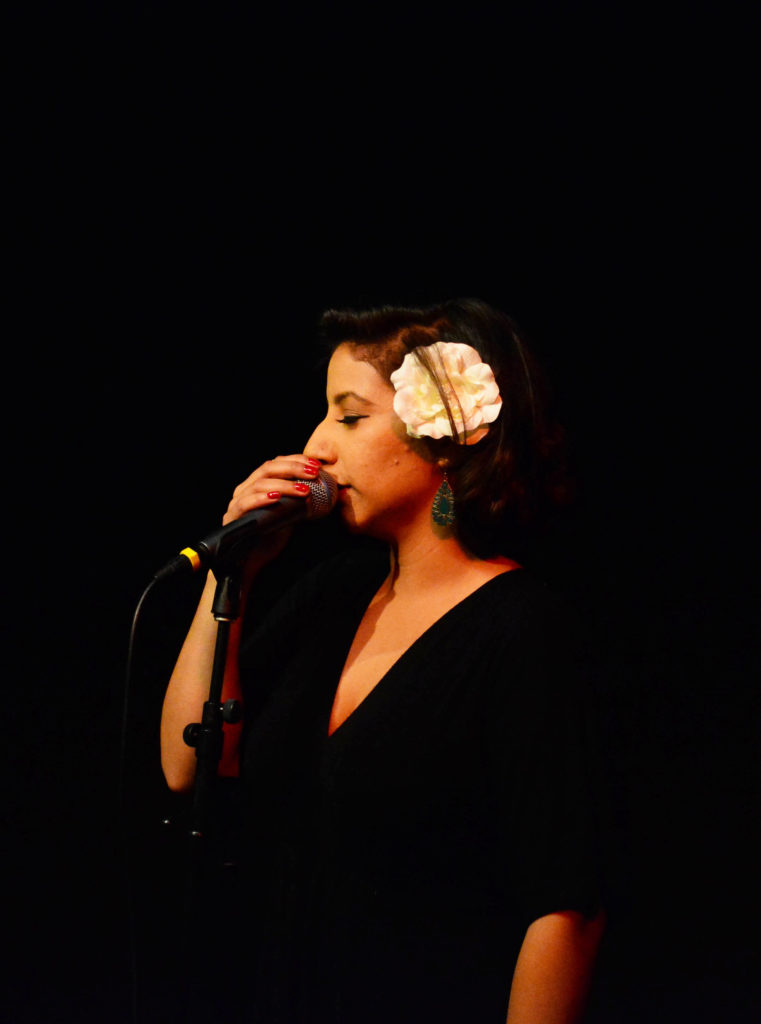 Jaqueline sings during Jazz at the Depot in the Cesar Chavez building at SF State, Tuesday, Oct. 10, 2017. (Bryan Ramirez/Golden Gate Xpress)