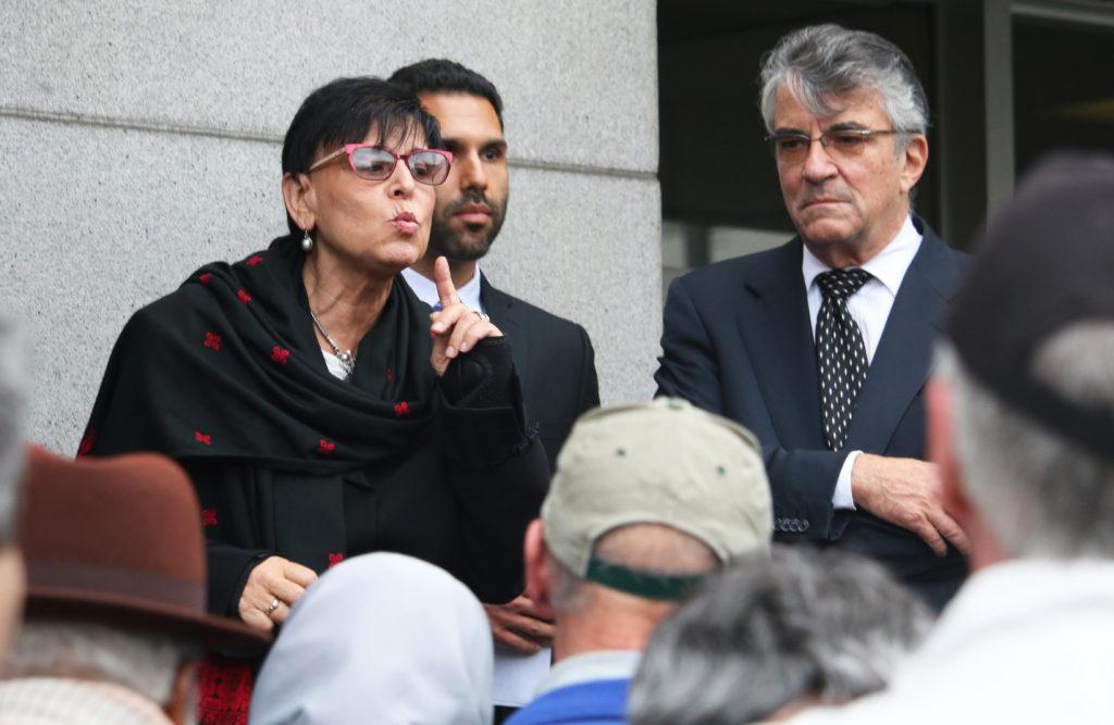 Dr. Rabab Abdulhadi and her attorneys Ben Gharagozli and Mark Kleiman speak at a press conference after the trial filed against them and San Francisco State University by Lawfare Project was dismissed on Nov. 8, 2017. (Kelly Rodriguez Murillo/Golden Gate Xpress)