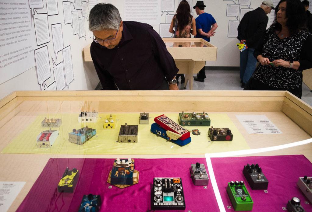 Pedal+Culture+is+an+interactive+showcase+that+displays+the+history+of+guitar+effects+pedal+and+its+impact+on+rock+music.+The+opening+reception+was+held+at+Design+Space+in+the+Fine+Arts+building+at+SF+State+Thursday%2C+on+November+2%2C+2017.+%28Richard+Lomibao%2FGolden+Gate+Xpress%29