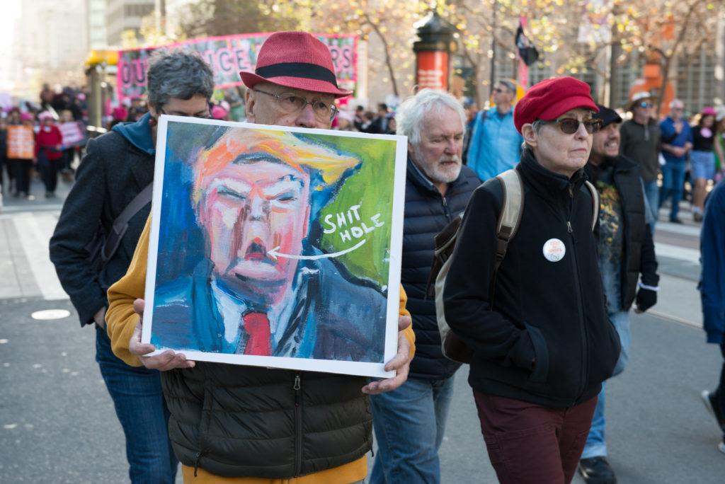 San Francisco resident who chose to be kept anonymous had a hand-painted portrait of Donald Trump during Women's March in San Francisco, Saturday, Jan. 20, 2018.(Golden Gate Xpress/ David Rodriguez)