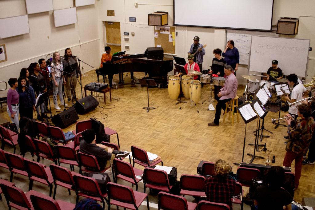 The SF State Afro-Cuban Ensemble works through a song together at their rehearsal at SF State on Wednesday, Feb. 21, 2018.