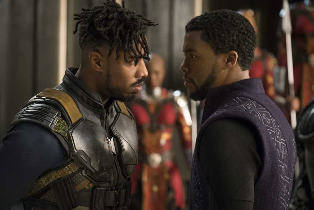 Eric Killmonger (Michael B. Jordan) confronts King T’Challa (Chadwick Boseman) for the first time. (photo courtesy of Marvel Studios)