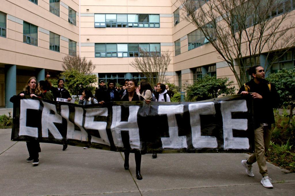 Student demonstrators gather in the quad of the Humanities Building of San Francisco State to protest the ICE raids occuring the Bay Area, in San Francisco, on Feb. 28, 2018. (Janett Perez/Xpress)