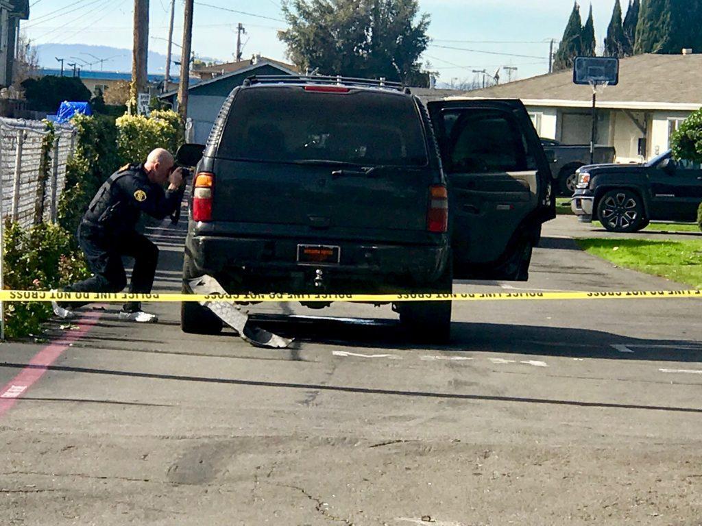 Deputies are still investigating the scene where a deputy opened fired to a suspect who had reportedly stolen an SUV and fled the scene. Hayward, February 1,2018. (Marisol Cabrera/Golden Gate X-Press)
