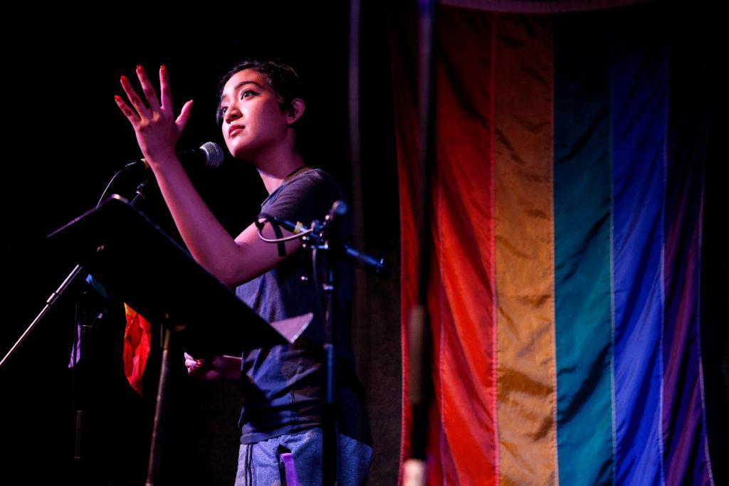 Alennie Roldan recites a haiku during the first half of the Queer Open Mic Night at The Depot on Monday, March 5, 2018. (Niko LaBarbera/Golden Gate Xpress)