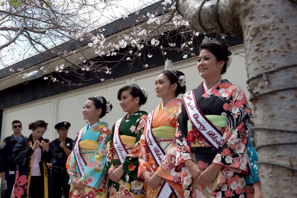 Lauren, left, Rachel, Nicole and Maya who is wearing the black kimono are all part of the 2018 Northern California Cherry Blossom Queen Program in San Francisco on Saturday, Apr. 15, 2010. (David Rodriguez/Golden Gate Xpress)