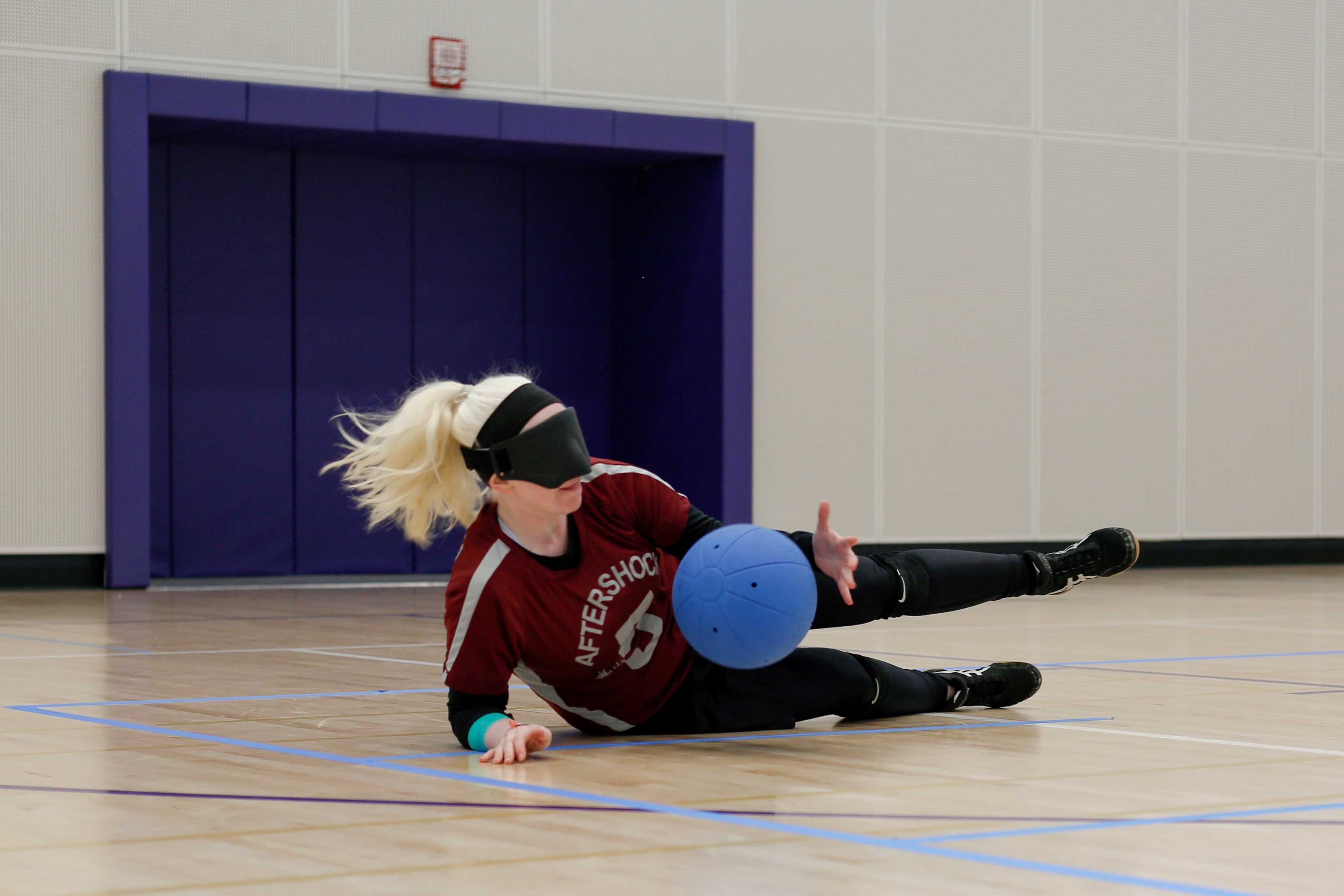 Bryanna Stubbert locates and blocks a shot during the first annual goalball exhibition at the Mashouf Wellness Center on Saturday May 5, 2018. (Niko LaBarbera/Golden Gate Xpress)