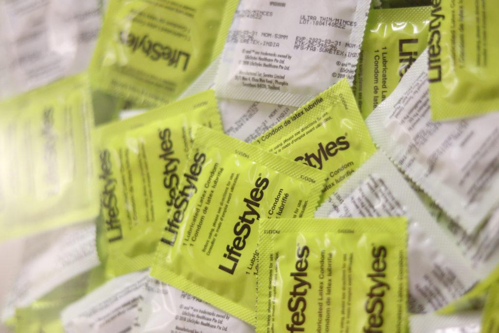 A condom station in the Cesar Chavez Student Center at SF State on Wednesday, Sept. 19, 2018. (Oscar Rendon/Golden Gate Xpress)