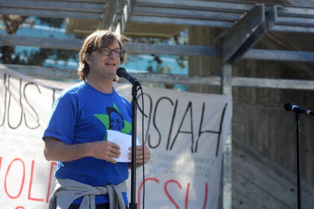 James Martel, SF State CFA Chapter President, speaks at a Justice for Josiah rally in Malcolm X Plaza at SF State in San Francisco, Calif., on Monday, Oct. 15, 2018. David Josiah Lawson was a Black student who was killed in 2017 in Humboldt, Calif., and little action has been taken by authorities to solve his homicide.