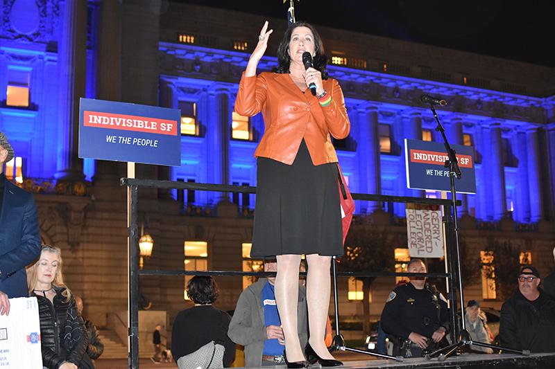 Christine Pelosi, political strategist and daughter to House Minority Leader Nancy Pelosi, declares her opposition to President Donald Trump during a Nobody is Above the Law protest at San Francisco City Hall on Thursday, Nov. 8. (Kirk Stevenson/Golden Gate Xpress)
