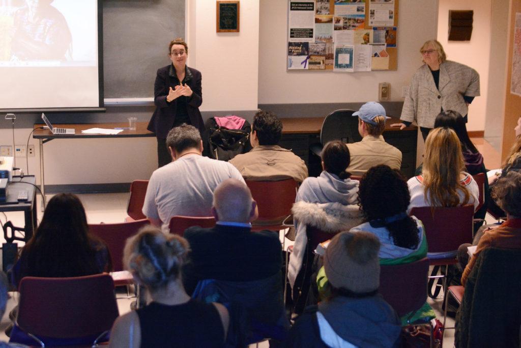 Estelle Tarica (top - left) gives a lecture at the Jewish studies department at SF State on Thursday, Nov. 29, 2018. Tarica, an associate professor of Spanish at UC Berkeley, spoke on Holocaust testimony and how it has influenced Maya testimony from post-genocide Guatemala. (Aaron Levy-Wolins/Golden Gate Xpress)