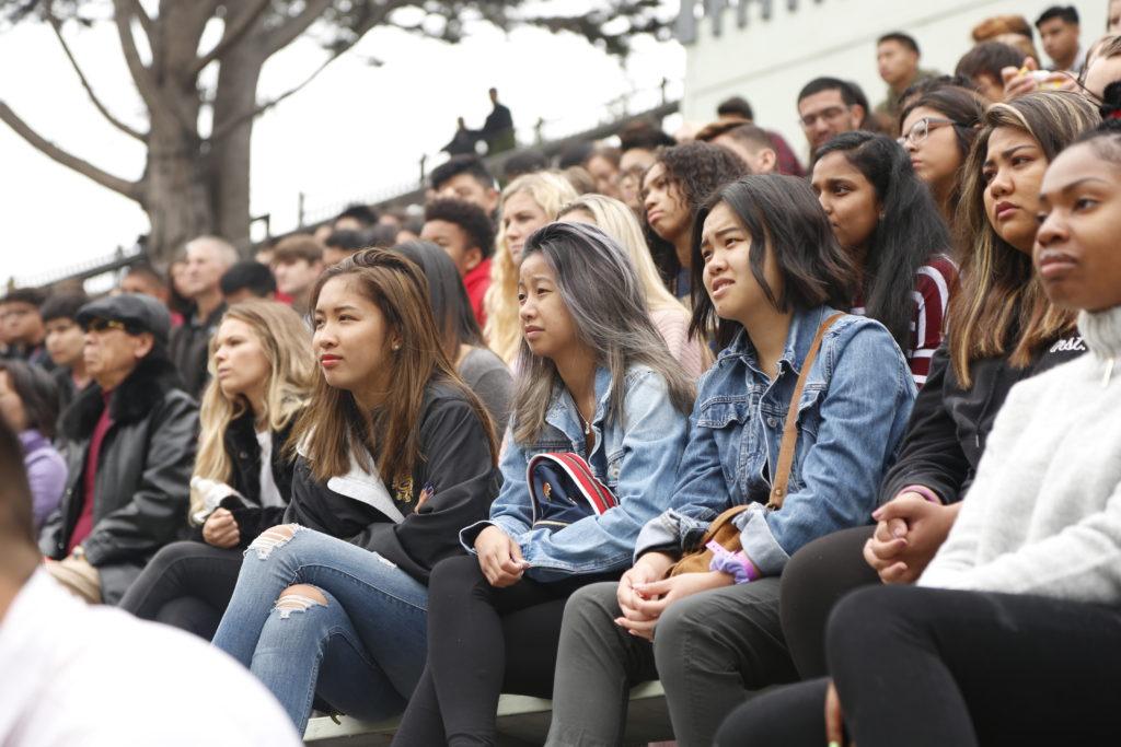 Students listen to a speech given by Vice President of Student Affairs and Enrollment Management Luo Luo Hong during the second day at SF States GatorFest on Friday August 24, 2018. (Niko LaBarbera/Golden Gate Xpress)