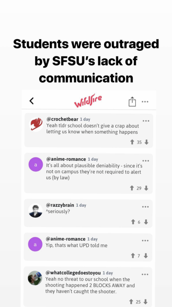 A screenshot of SF State student reactions regarding the Universitys response to the incident from Wildfires Instagram account, @wildfire.sfsu.