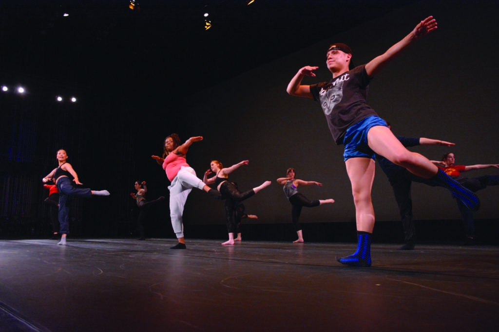 University Dance Theatre goes through a dance to warm up before its opening night on Thursday, April 4th at the Mckenna Theatre. (TRISTENROWEAN/ Golden Gate Xpress)