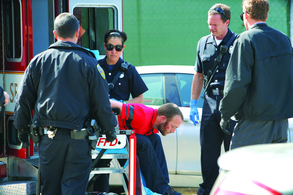 The suspect gets into the SF Fire Department stretcher on Tapia Driver near the Humanities building near SF states campus in San Francisco, Calif. on April 29, 2019

(Daniel Da Silveria / Bay Area Photographer)