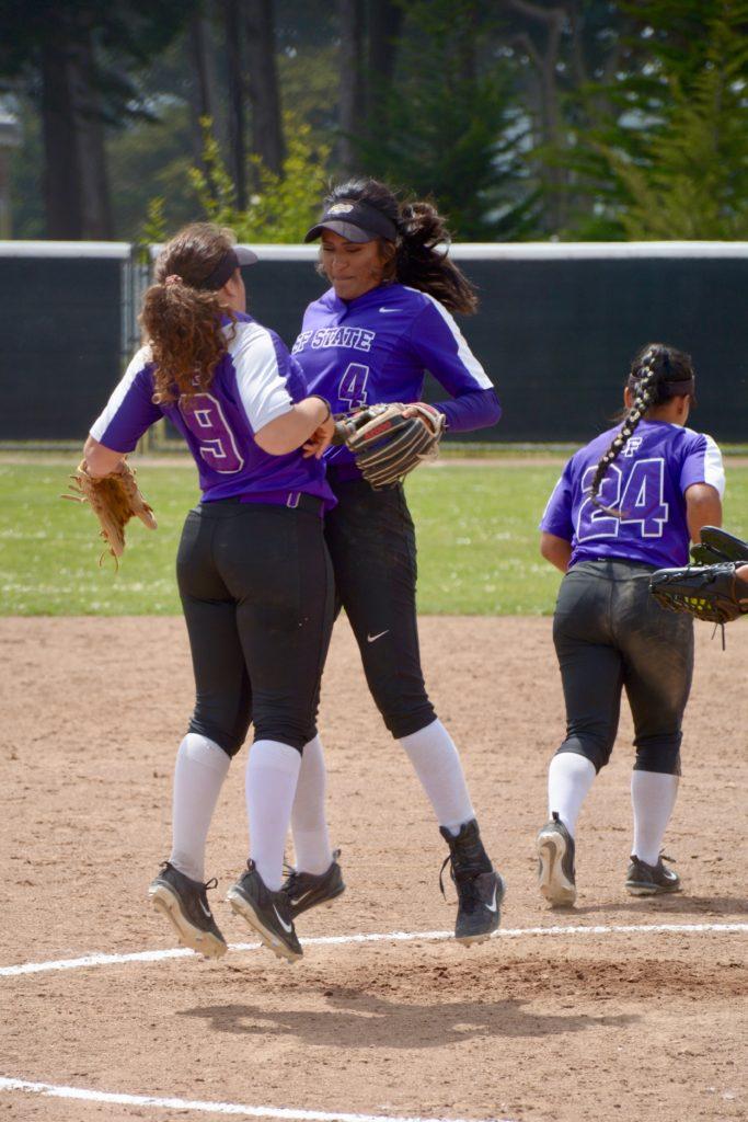 Hayley Nunes chest bumps Michele Castro during the Gators game against the CSU East Bay Pioneers in a doubleheader for Senior Day on Saturday, April 27th, 2019. Photos by Tristen Rowean.