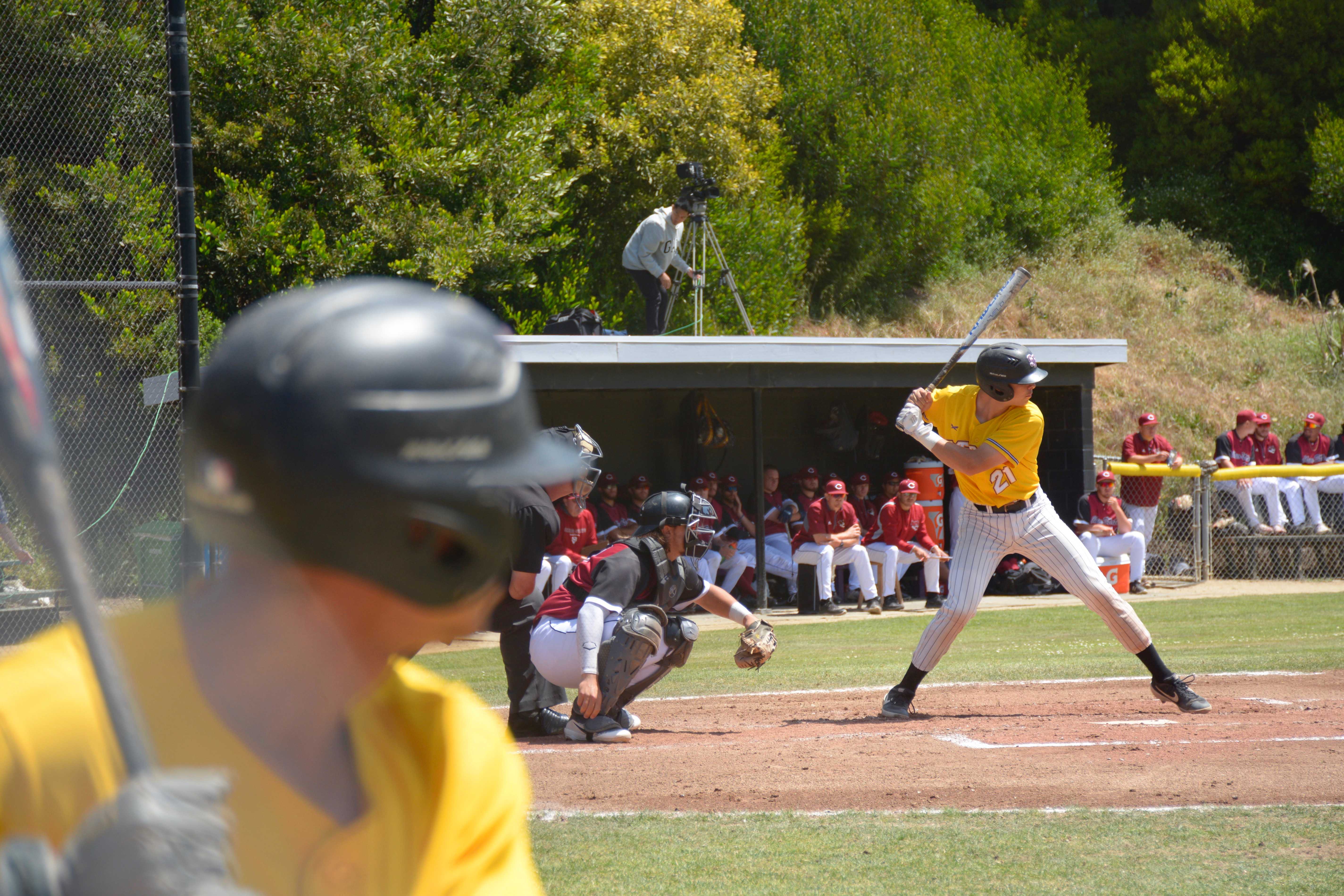 Jason Hare at bat as the SF State baseball team clinched a playoff berth during their doubleheader against Chico State, emphatically winning the first game 12-4 before losing the second game in a nail-biter, 3-2 on Friday, May 3.