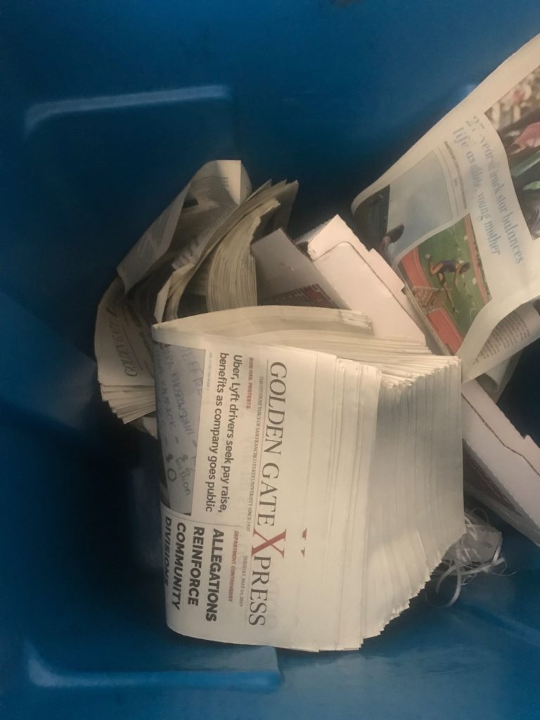 300 copies of Golden Gate Xpress newspapers were found in a nearby trashcan to the Rm. 125 purple box in the Humanities Building on May 15, 2019. (MONSERRATH ARREOLA/Golden Gate Xpress)