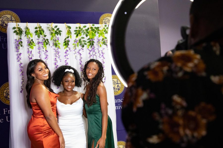 From left to right, Teylor Jones, Myra Odedina and Adokor Swankier pose for a photo at the Black Womens Appreciation event on February 20, 2020 in the Annex. (Photo by Maddison October / Golden Gate Xpress) 
