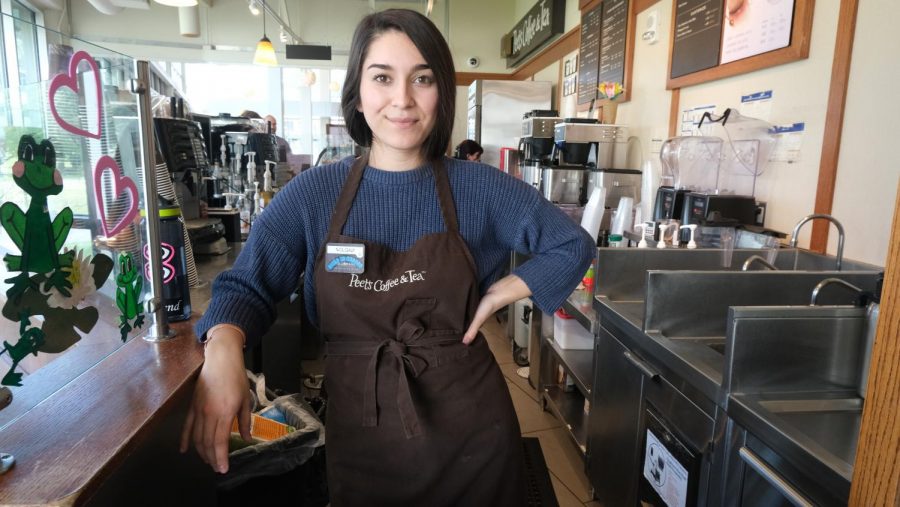 Olga Castanada during her shift at Peets Coffee in the library on March 12, 2020. (Jacquelyn Moreno)