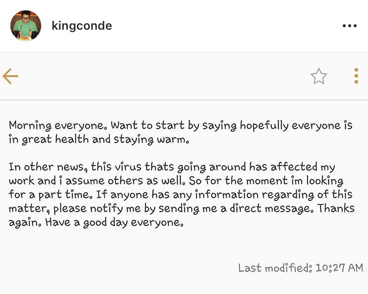 The first social media post on Pamela Estradas Instagram feed to indicate that employees are being impacted by COVID-19 goes up by Steven Conde.