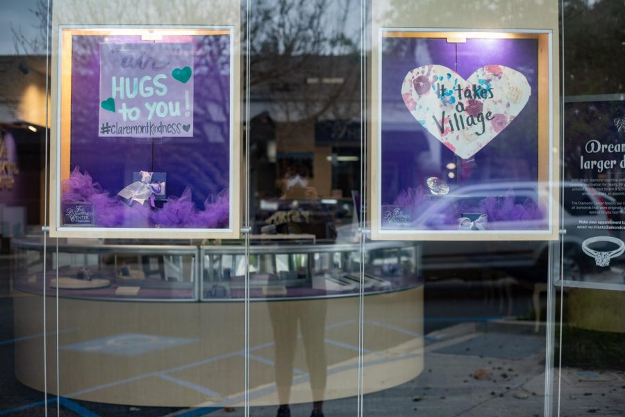 The Diamond Center filed their windows with encouraging signs, photographed in Claremont, California. (Maddison October / Golden Gate Xpress)