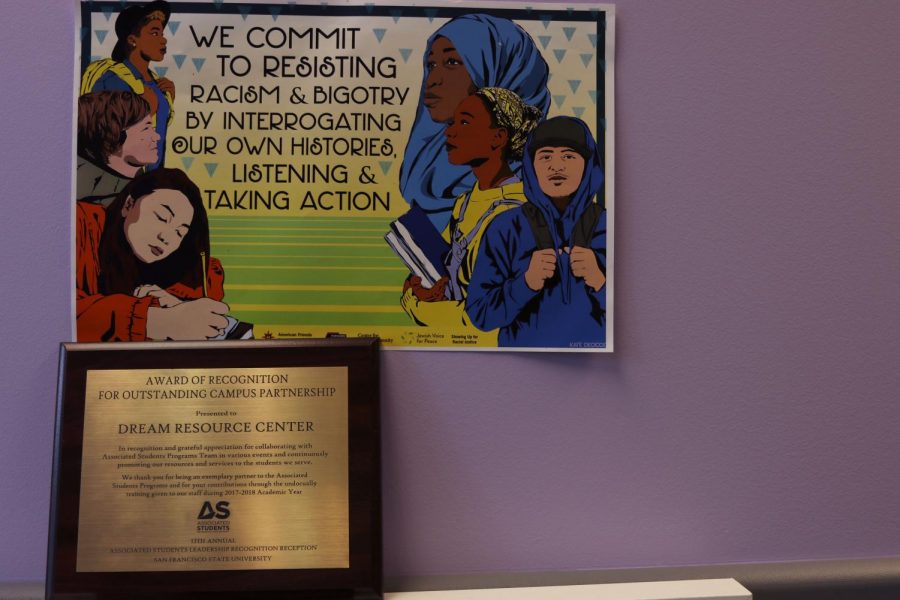 An award of recognition sits on a desk shelf in the Dream Resource Center at SF State in San Francisco California on Wednesday April 17, 2019. (Emily Curiel)