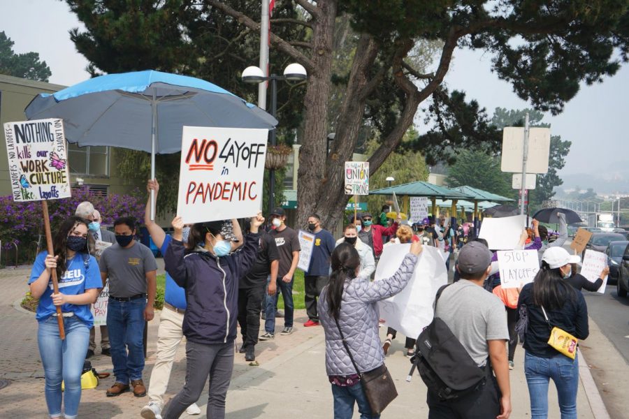 People gathered on 19th Avenue next to SF State protesting layoffs in San Francisco, Calif., on Saturday, Sep. 12, 2020. (Alex Drew / Xpress Media)