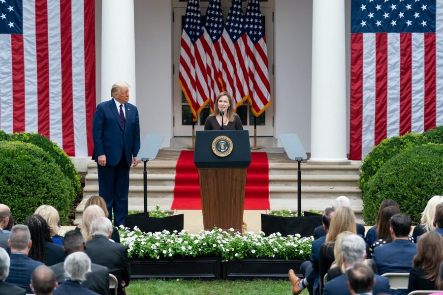 Justice Amy Coney Barrett speaks during her nomination ceremony in the White House Rose Garden on Sept. 26. (Andrea Hanks / Creative Commons)