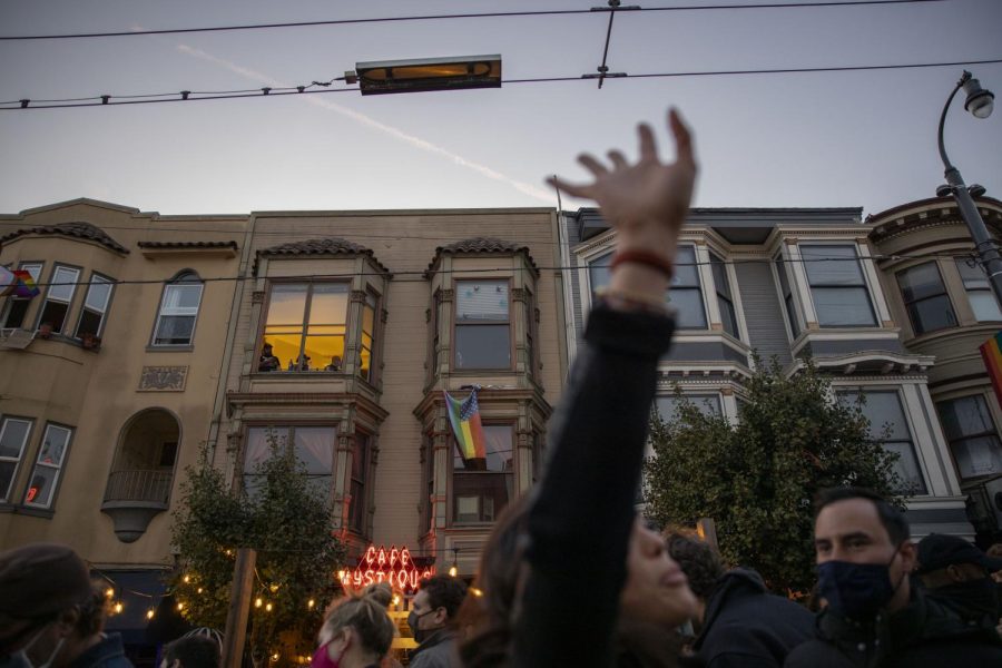 Bay Area residents took to the streets in the Castro District to celebrate Joe Biden and Kamala Harris’ election victory on Nov. 7, 2020. (Emily Curiel / Golden Gate Xpress)