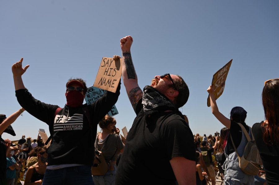 Richard Casper, a San Francisco native, yells during a Black Lives Matter protest that went from Sloat Boulevard to Lincoln Way via the Great Highway on June 2, 2020 in San Francisco, Calif. The protest was in response to the death of George Floyd, a detained and handcuffed black man in police custody in Minneapolis. (James Wyatt / Golden Gate Xpress)