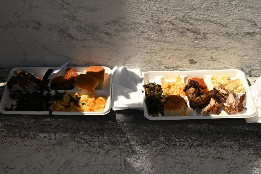 Two plates of soul food during a Juneteenth celebration organized in San Francisco, on June 19, 2020. (James Wyatt / Golden Gate Xpress)