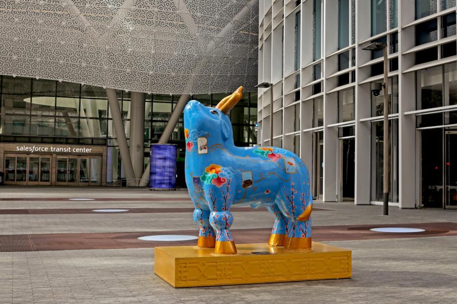 Ancient Technology Ox is installed at Salesforce for Chinese New Year in San Francisco, CA., on February 8, 2020. The statue is one of eleven ox sculptures located around San Francisco and Oakland to celebrate year of the Ox. (Sabita Shrestha / Golden Gate Xpress)